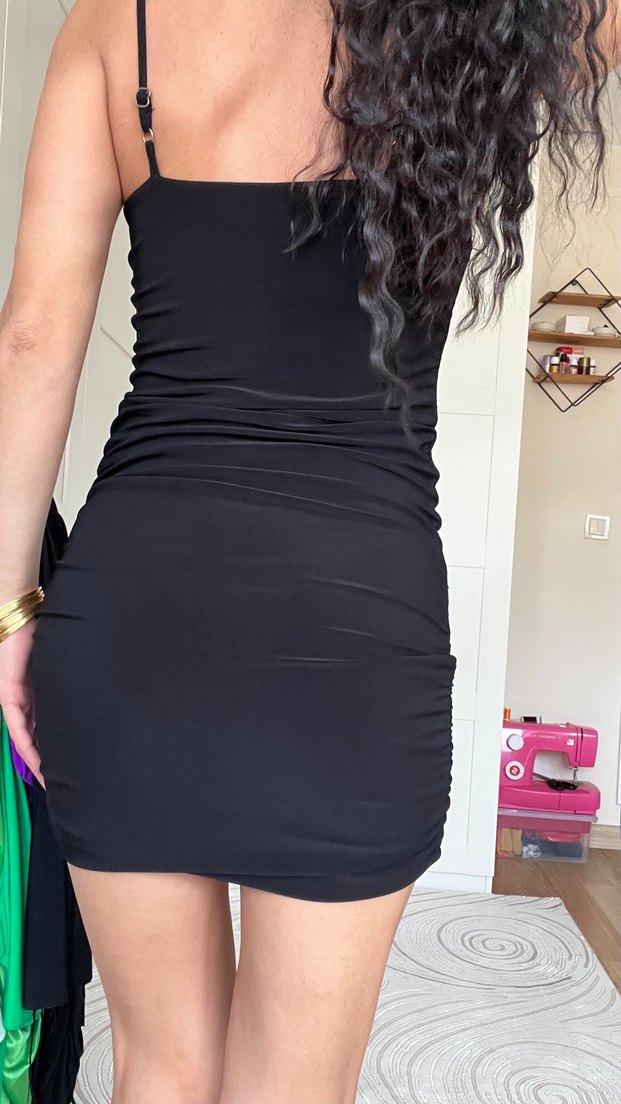 Siyah Drapeli Mini Elbise - Görsel 4