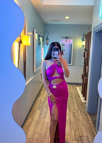 Pembe Straplez Saten Uzun Elbise - Görsel 2