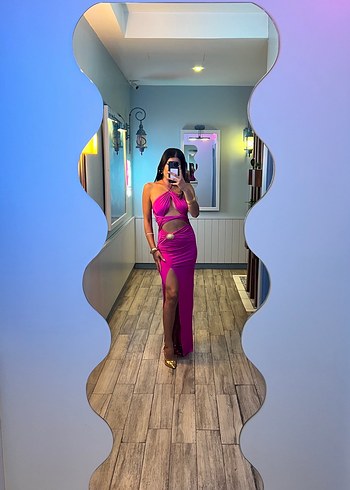 Pembe Straplez Saten Uzun Elbise - Görsel 5