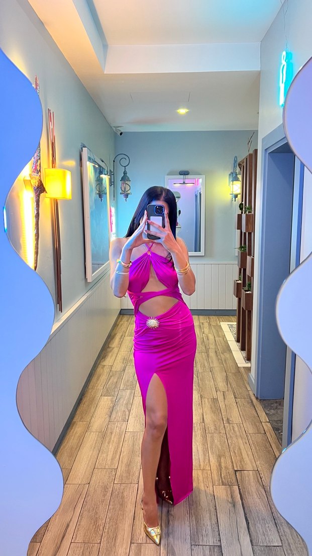 Pembe Straplez Saten Uzun Elbise - Görsel 4