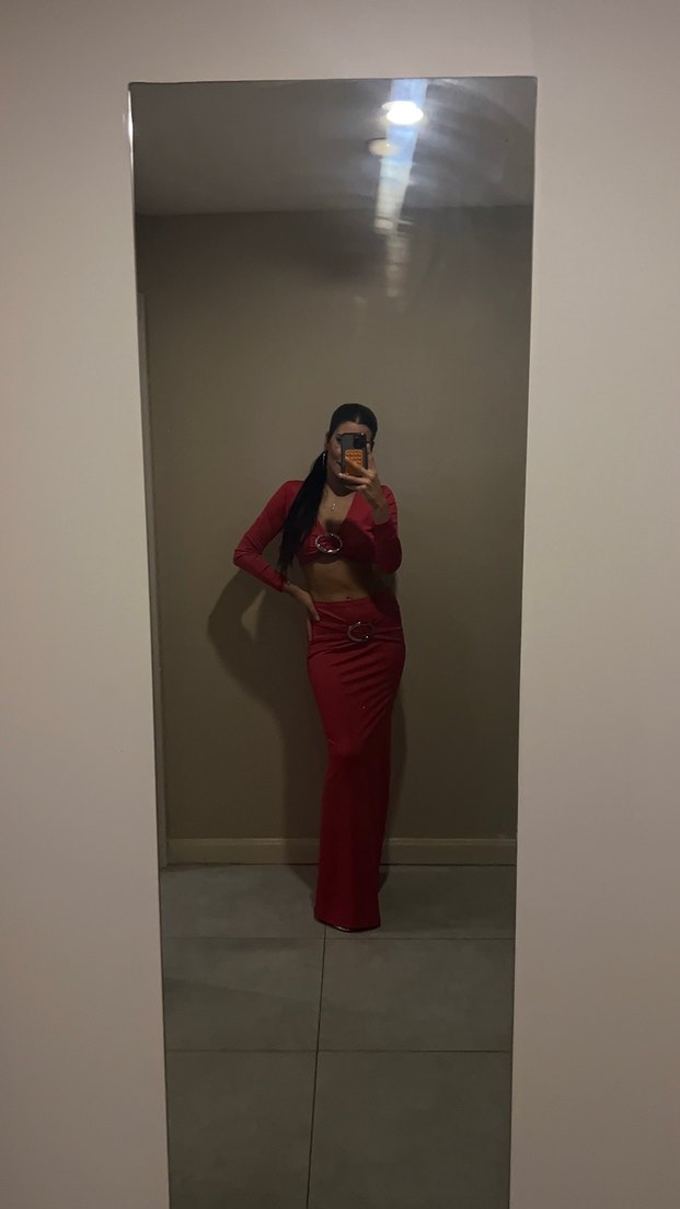 Kırmızı V Yakalı Uzun Kadın Elbise - Görsel 2