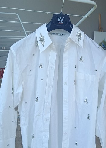 Zara  taş Nakışlı Beyaz Kadın Gömlek - Görsel 5