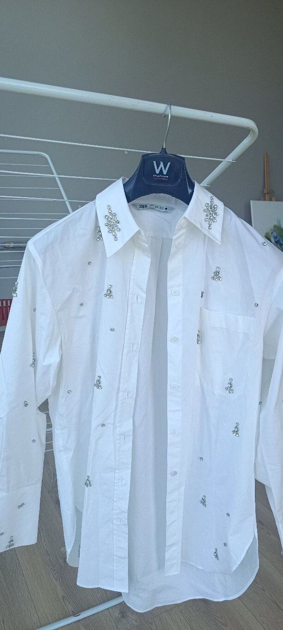 Zara  taş Nakışlı Beyaz Kadın Gömlek - Görsel 5