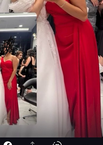 Kırmızı Uzun Drapeli Straplez Abiye Elbise