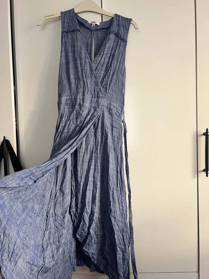 mavi kot görünümlü ince elbise - Görsel 3