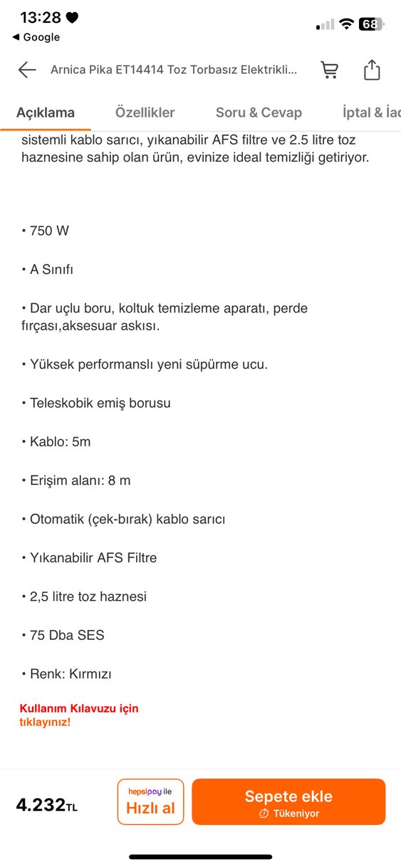 Arnica pika Elektrikli Süpürge - Görsel 5