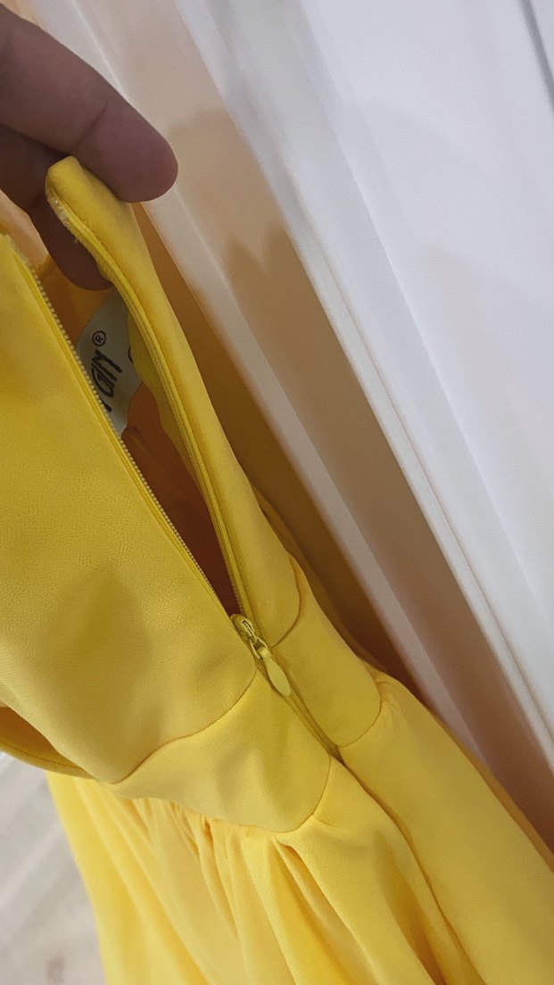 Sarı Mini Drapeli V Yakalı Abiye Elbise - Görsel 3