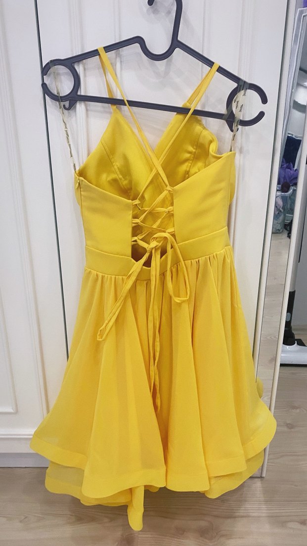 Sarı Mini Drapeli V Yakalı Abiye Elbise - Görsel 2