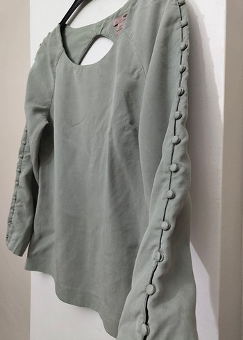 Su Yeşili Düğmeli Keten Kadın Bluz - Görsel 3