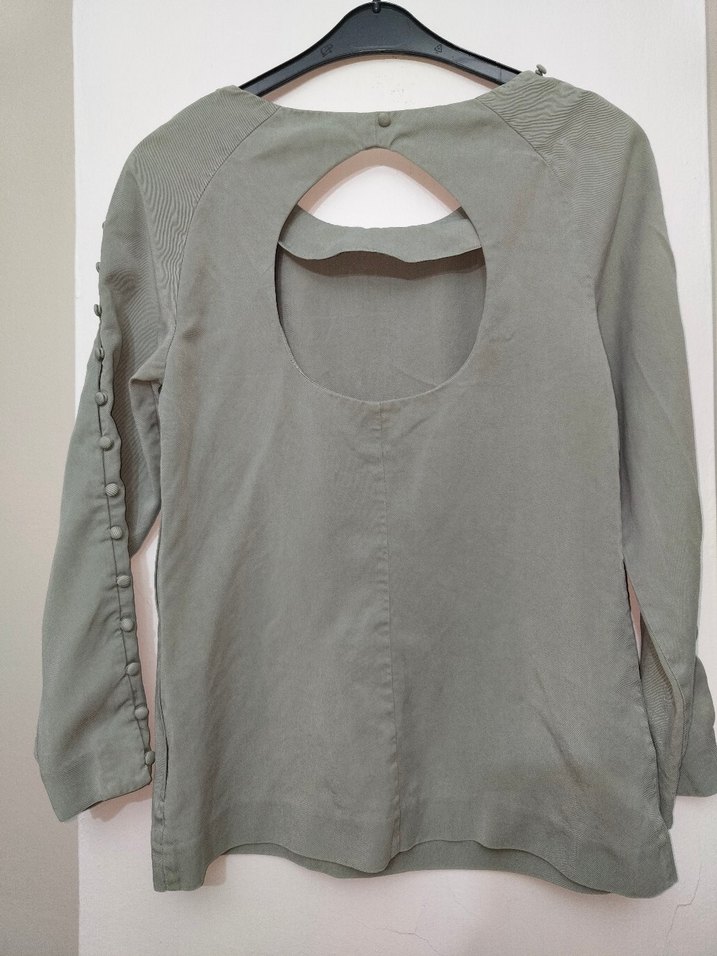 Su Yeşili Düğmeli Keten Kadın Bluz - Görsel 2