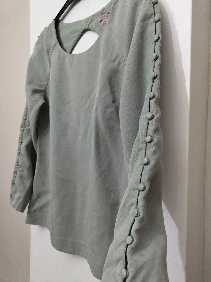 Su Yeşili Düğmeli Keten Kadın Bluz - Görsel 3