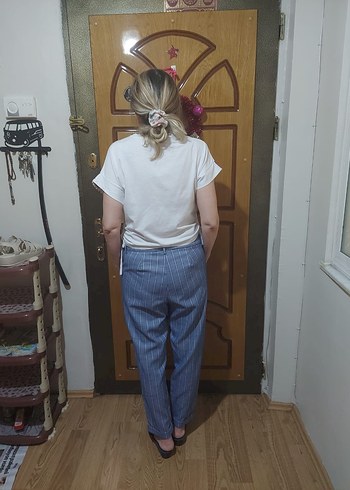 Çizgili Mavi Kadın Denim Pantolon - Görsel 6