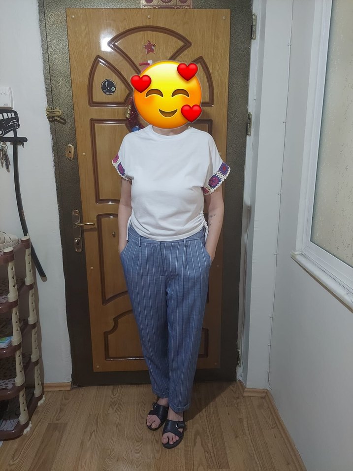 Çizgili Mavi Kadın Denim Pantolon - Görsel 5