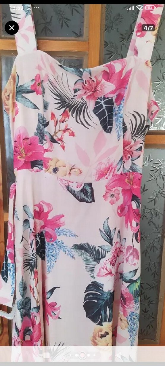 Çiçek Desenli Pembe Uzun Bohem Elbise - Görsel 2