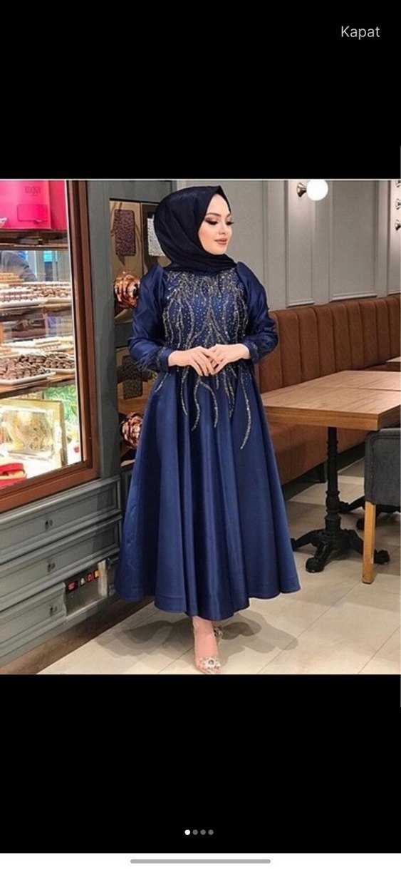 İşlemeli Boncuk Detaylı Lacivert Abiye Elbise - Görsel 2