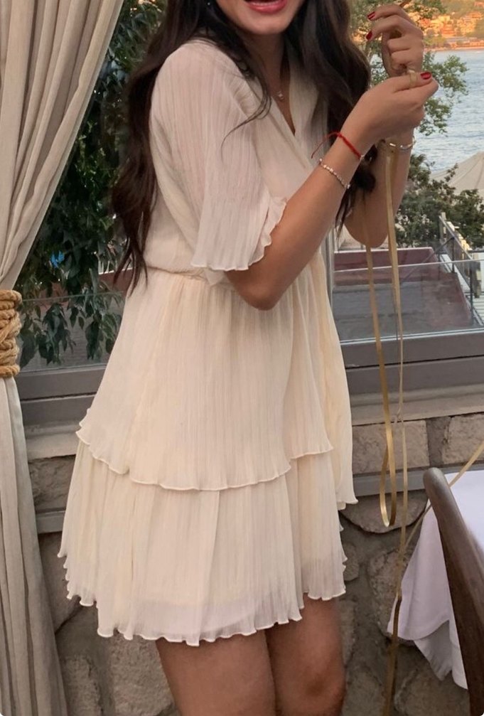 Krem Rengi Zara Mini Pileli Kuşaklı Elbise - Görsel 2