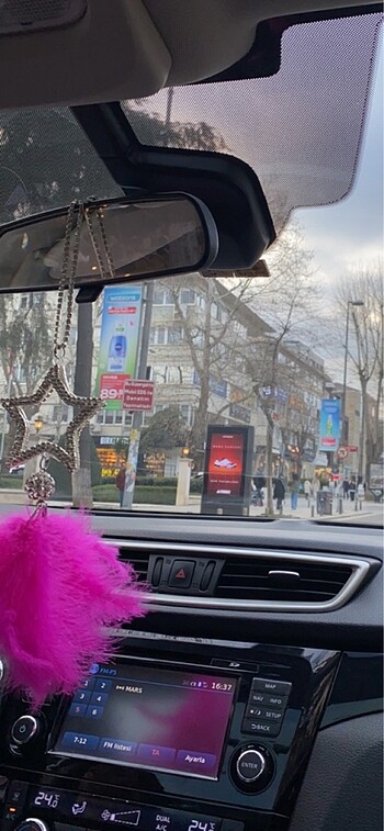 Pembe Araç Süsü Araba Ayna Tüylü Taşlı Yıldızlı - Görsel 2