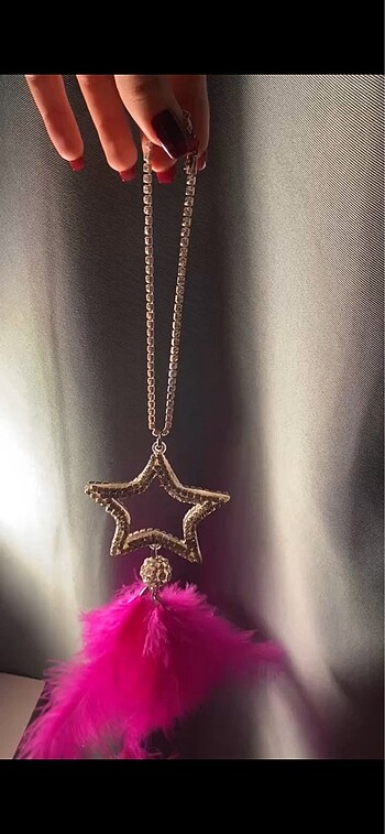 Pembe Araç Süsü Araba Ayna Tüylü Taşlı Yıldızlı - Görsel 3