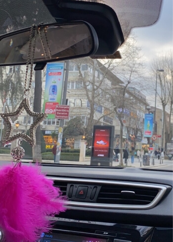 Pembe Araç Süsü Araba Ayna Tüylü Taşlı Yıldızlı - Görsel 2