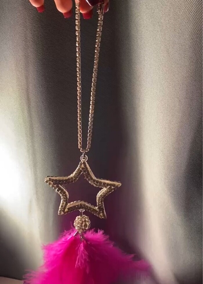 Pembe Araç Süsü Araba Ayna Tüylü Taşlı Yıldızlı - Görsel 3