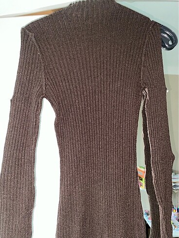 Kahverengi Triko Mini Elbise Kol Detaylı - Görsel 3