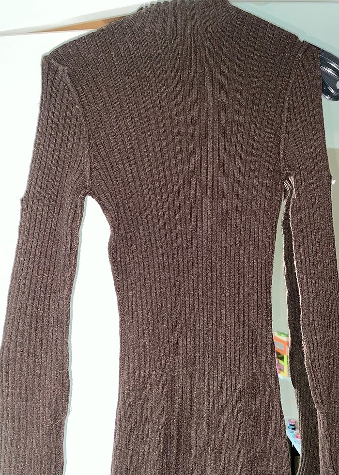 Kahverengi Triko Mini Elbise Kol Detaylı - Görsel 3