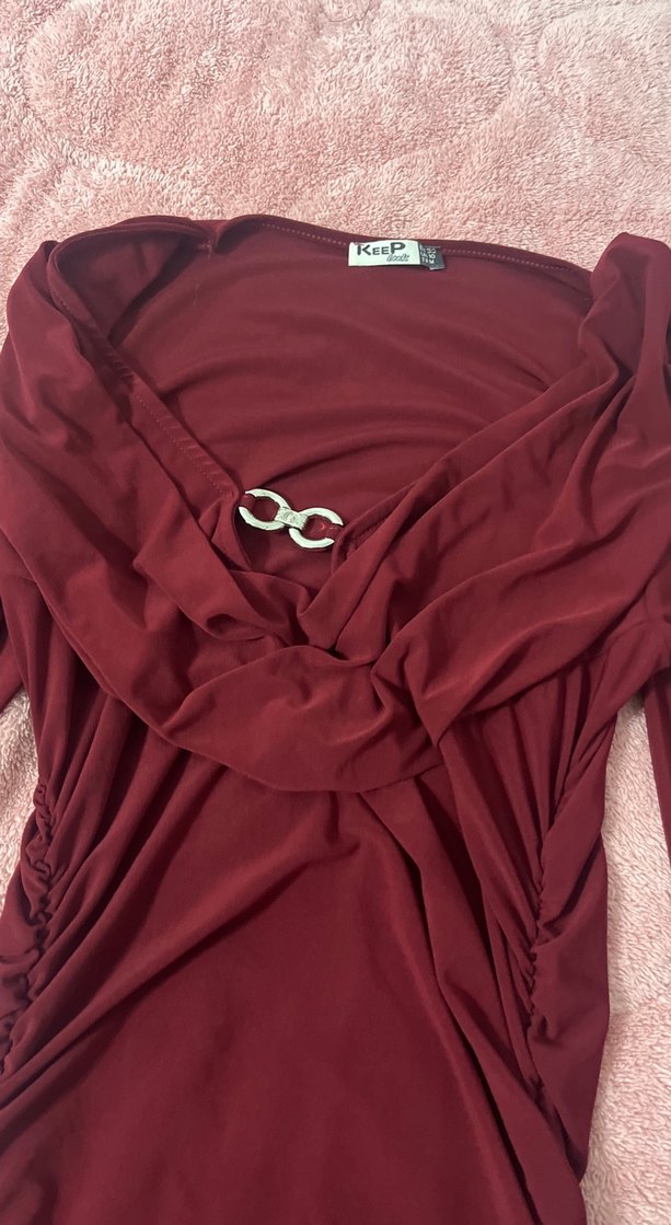 Bordo Drapeli Uzun Kollu elbise - Görsel 2