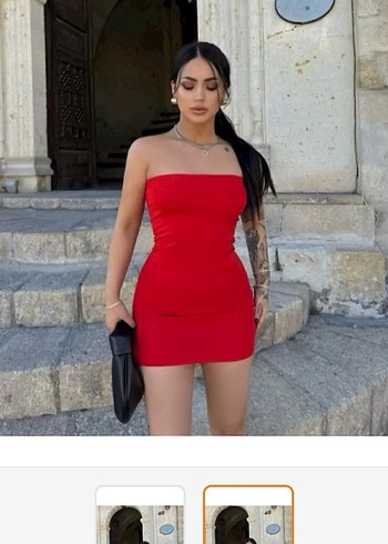 Kırmızı Mini Straplez Elbise - Görsel 2