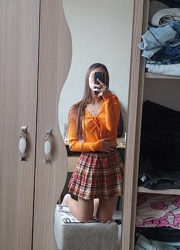 turuncu mini kısa etek