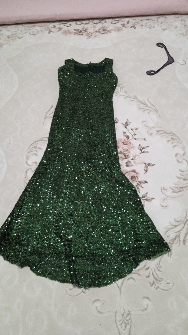 Yeşil Parlak Pul Payetli Uzun Abiye Elbise - Görsel 2