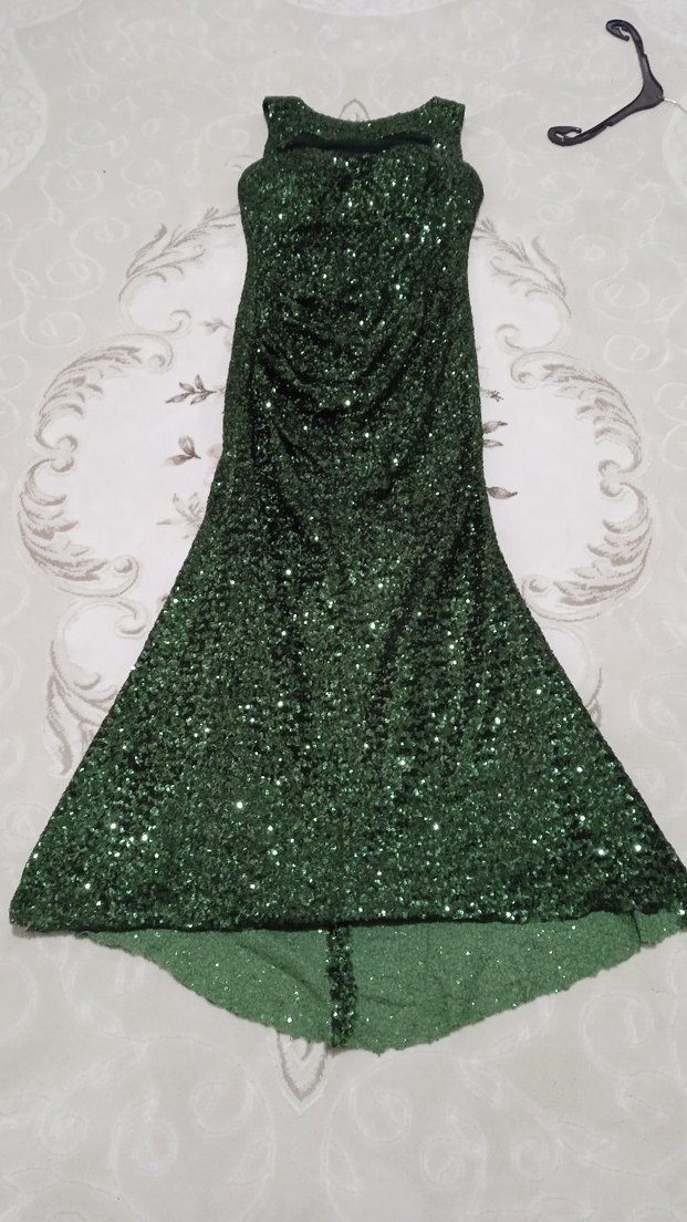 Yeşil Parlak Pul Payetli Uzun Abiye Elbise - Görsel 3
