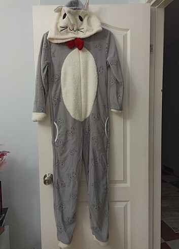 m Beden Kadın Gri Sevimli Kedi Baskılı Arka Fermuarlı Polar Tulum Pijama