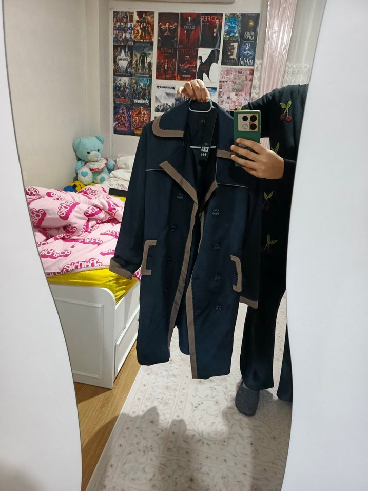 Düğmeli Lacivert Kadın Trençkot - Görsel 4