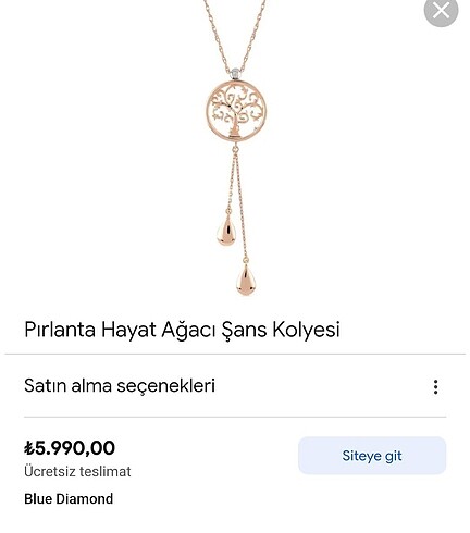 Diğer Blue Diamond Pırlanta Hayat Ağacı Şans Kolyesi