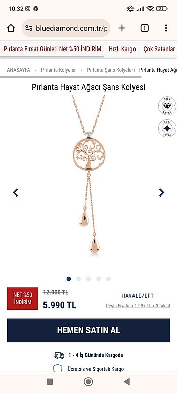 Blue Diamond Pırlanta Hayat Ağacı Şans Kolyesi