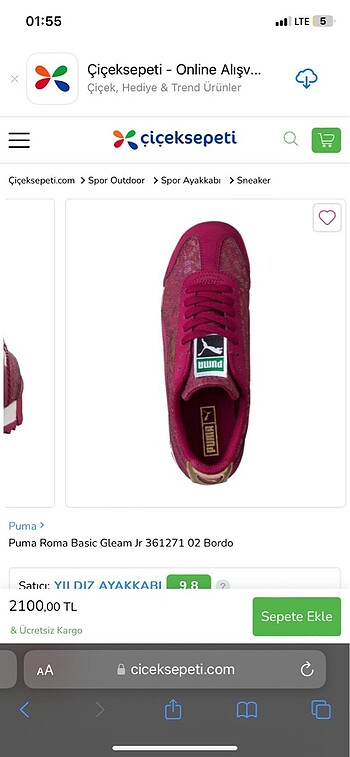 39 Beden bordo Renk Puma spor ayakkabı