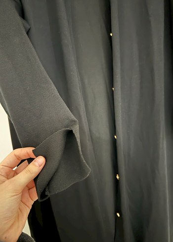 Düğmeli Siyah Uzun merserize pardesü - Görsel 2