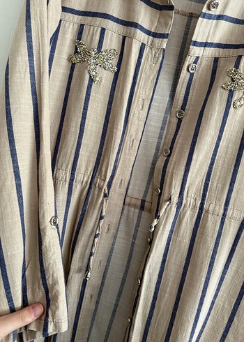 Bej Çizgili Uzun Keten Elbise/pardesü - Görsel 3