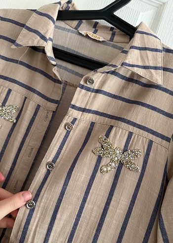 Bej Çizgili Uzun Keten Elbise/pardesü - Görsel 2