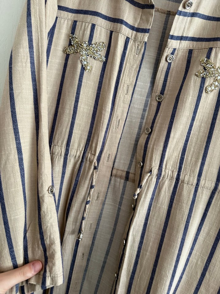 Bej Çizgili Uzun Keten Elbise/pardesü - Görsel 3