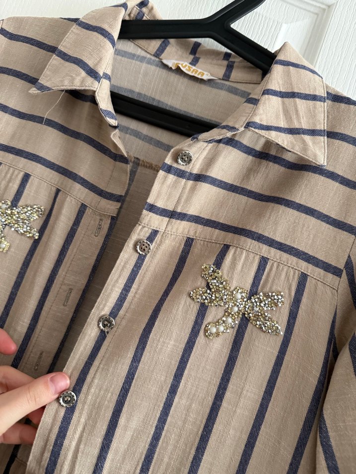 Bej Çizgili Uzun Keten Elbise/pardesü - Görsel 2