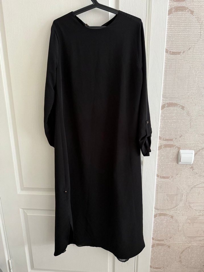 Siyah V Yaka Uzun Kollu Salaş Kadın Elbise - Görsel 2