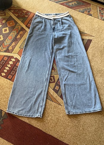 Zara Acik Mavi Genis Paca Denim Pantolon