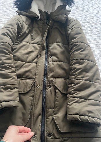 Kürk Detaylı haki kız çocuk  Mont - Görsel 5