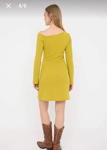 Sarı likralı Mini Elbise, Uzun Kollu, Tekdüze - Görsel 3