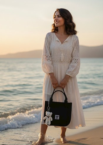 Fermuarlı Siyah Baskılı Kadın Omuz Çantası - Görsel 3