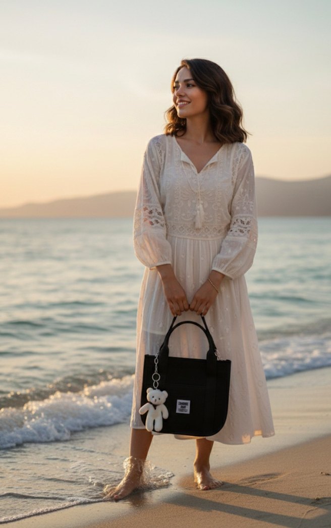 Fermuarlı Siyah Baskılı Kadın Omuz Çantası - Görsel 3