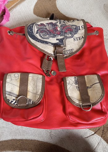 Kilitli Kırmızı Vintage Deri Sırt Çantası - Görsel 4