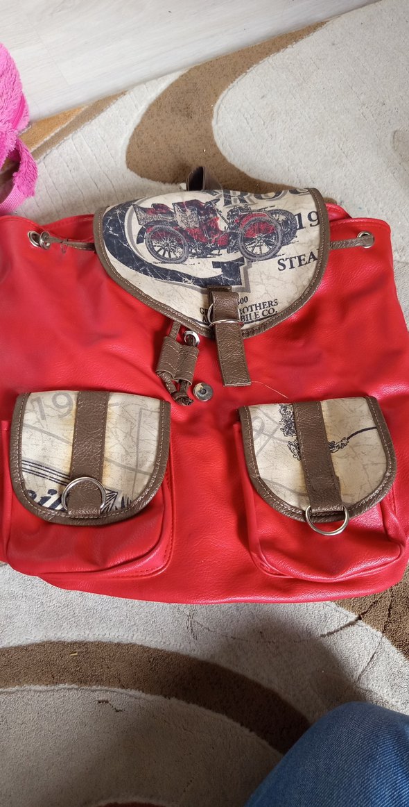 Kilitli Kırmızı Vintage Deri Sırt Çantası - Görsel 4