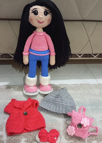 Pembe sırt çantalı örgü oyuncak bebek - Görsel 8